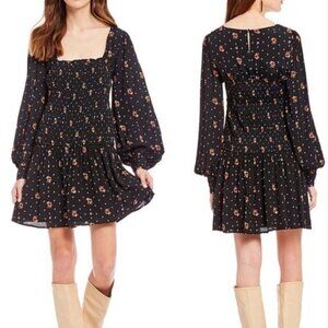 New Free People Two Faces Milkmaid Mini Dress Floral Smocked Puff Sleeve Black